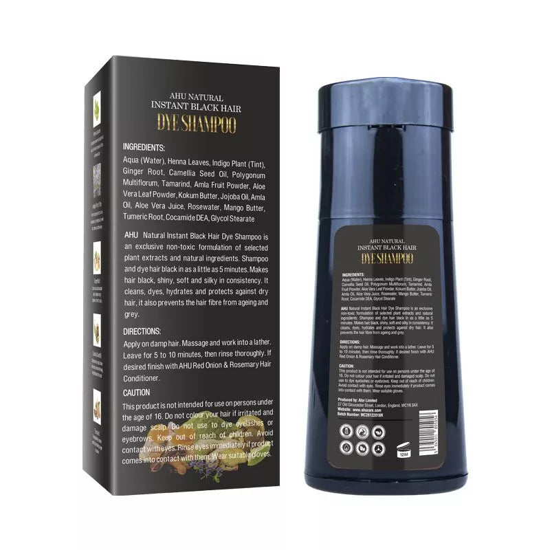 AHU Natural Instant Hair Dye Shampoo Black/Brown With Pack 16.9 Oz