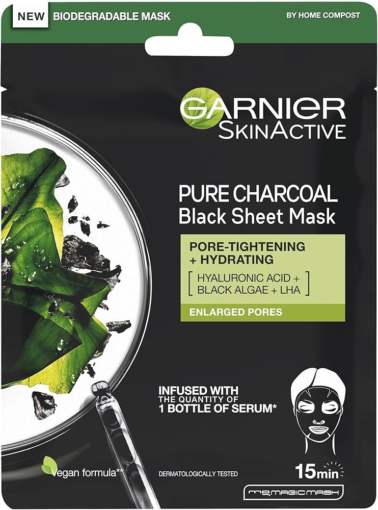 Garnier Skin Active Pure Charcoal Black Sheet Mask Hyaluronic Acid + Black Algae+LHA