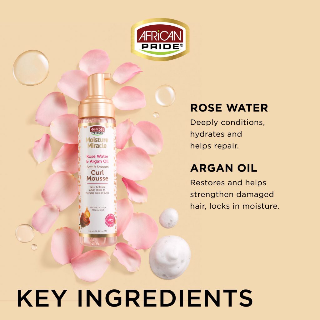 African Pride Moisture Miracle Rose Water & Argan Oil Soft & Smooth Curl Mousse 8.5 Oz