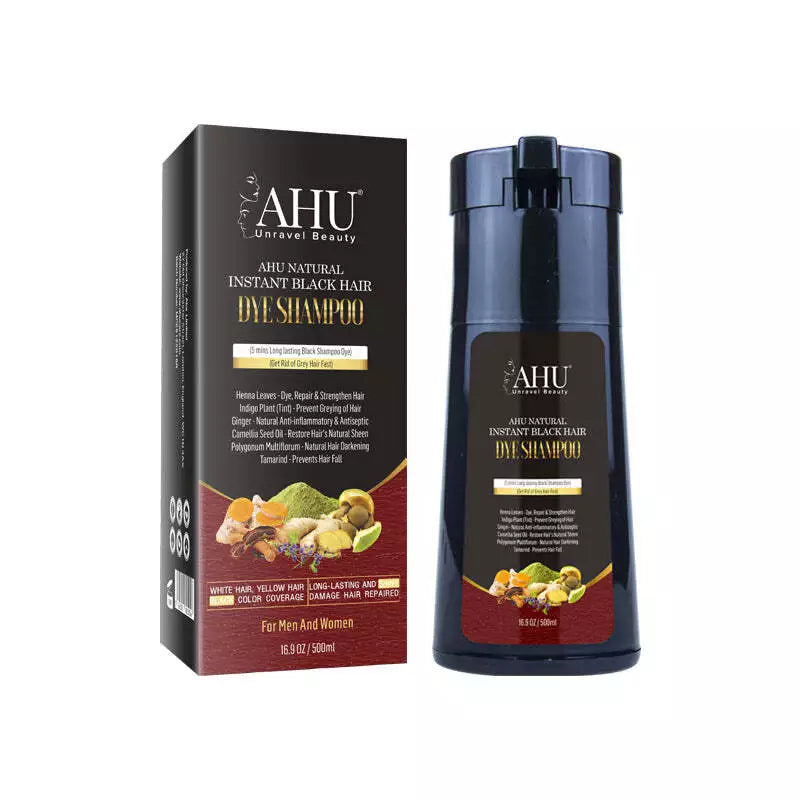 AHU Natural Instant Hair Dye Shampoo Black/Brown With Pack 16.9 Oz