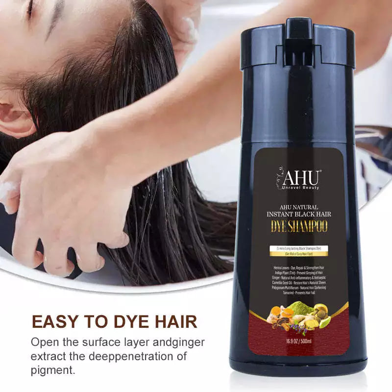 AHU Natural Instant Hair Dye Shampoo Black/Brown With Pack 16.9 Oz