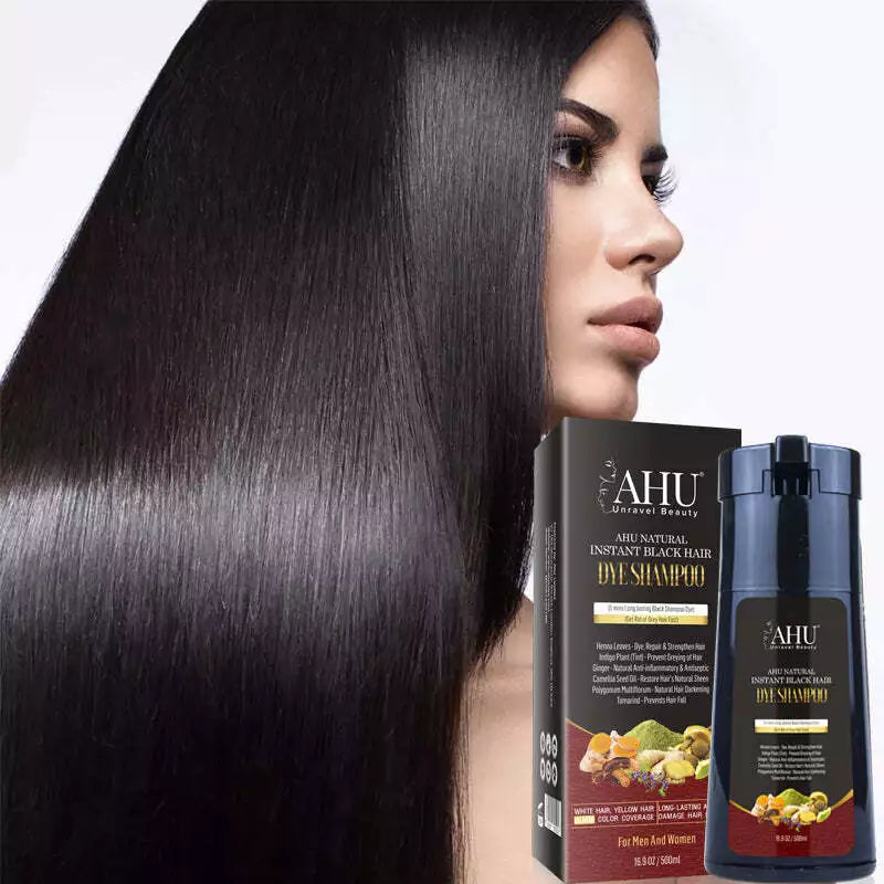 AHU Natural Instant Hair Dye Shampoo Black/Brown With Pack 16.9 Oz